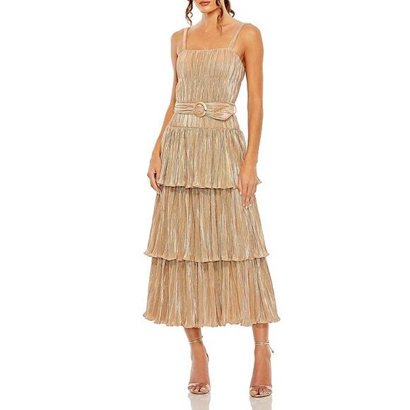 Ieena for Mac Duggal Sleeveless Square Neck Tiered Ruffled Detail Dress in Gold - Picture 1 of 13